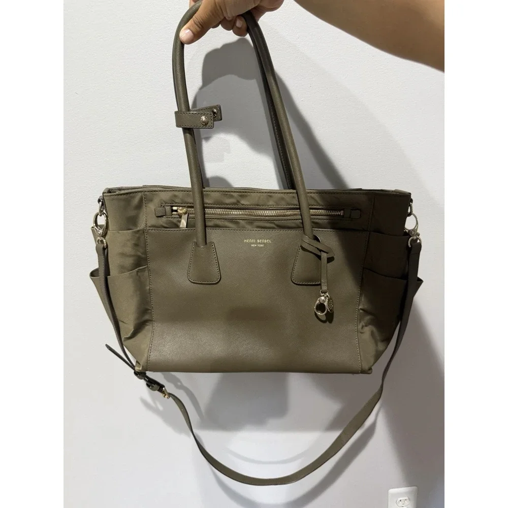 Henri Bendel Green Leather Nylon Diaper Bag‎ Satchel Tote Bag Crossbody i